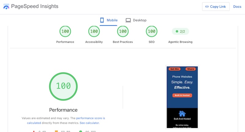 Pagespeed Insights test results on June 19, 2026