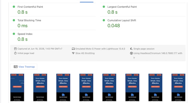 Pagespeed Insights test results on June 19, 2026